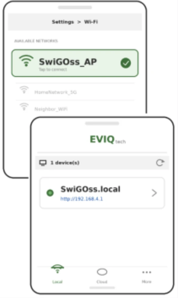 Connecting to the SwiGOss_AP access point and the app's Local tab