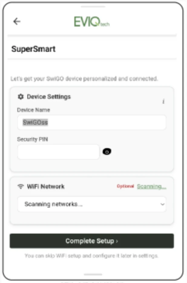 Initial Setup page with Device Name, Security PIN and WiFi Network