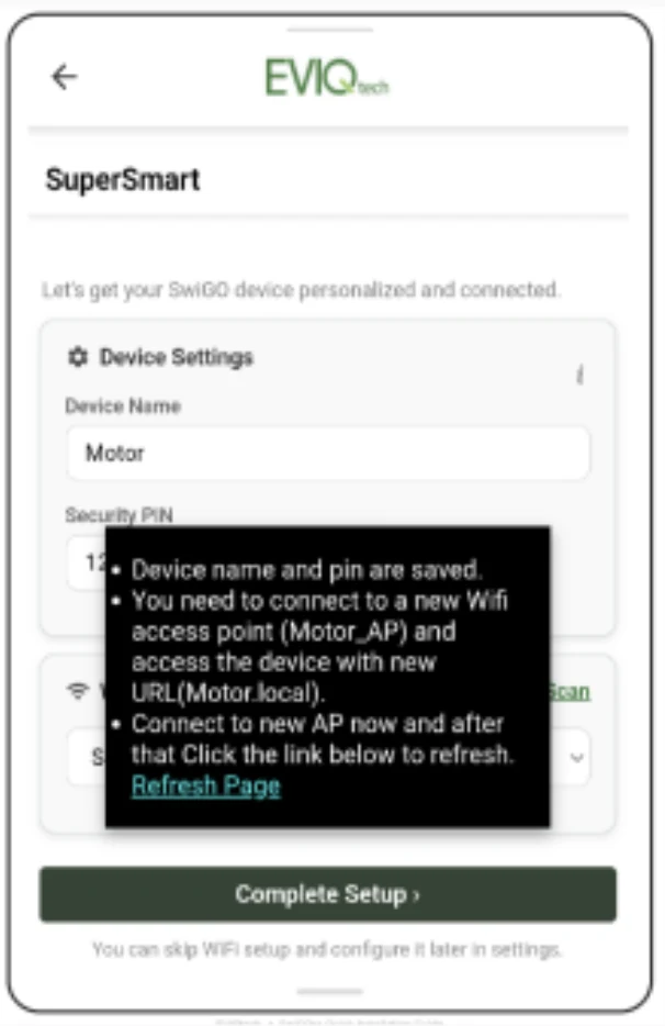 Confirmation that the device name and PIN are saved