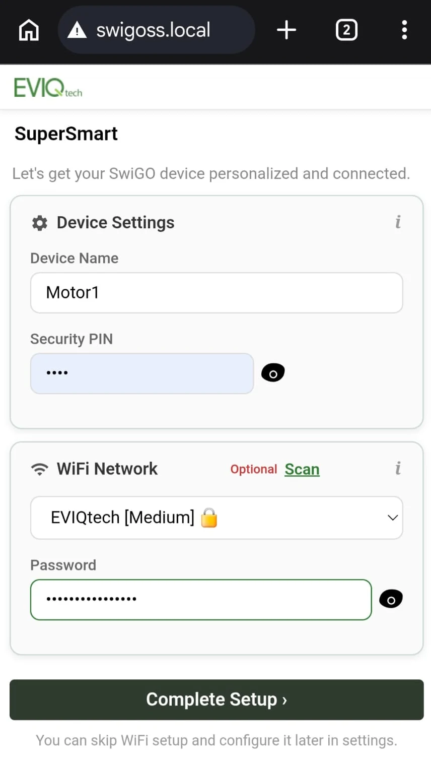 Initial Setup page at swigoss.local with Device Name, Security PIN and WiFi Network