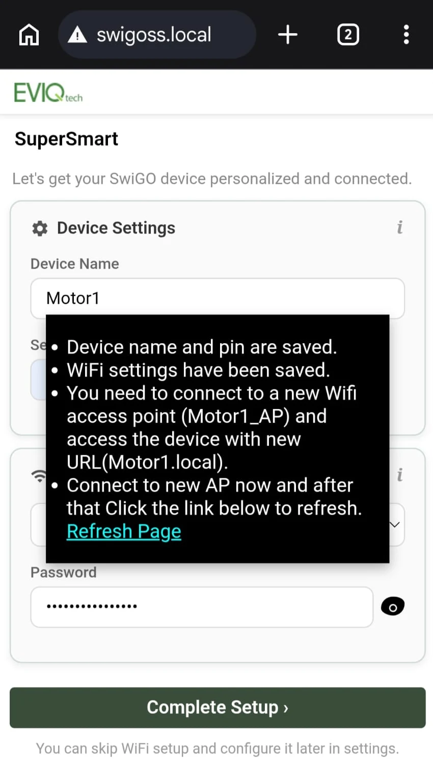 Confirmation that the device name, PIN and WiFi are saved, with a Refresh Page link