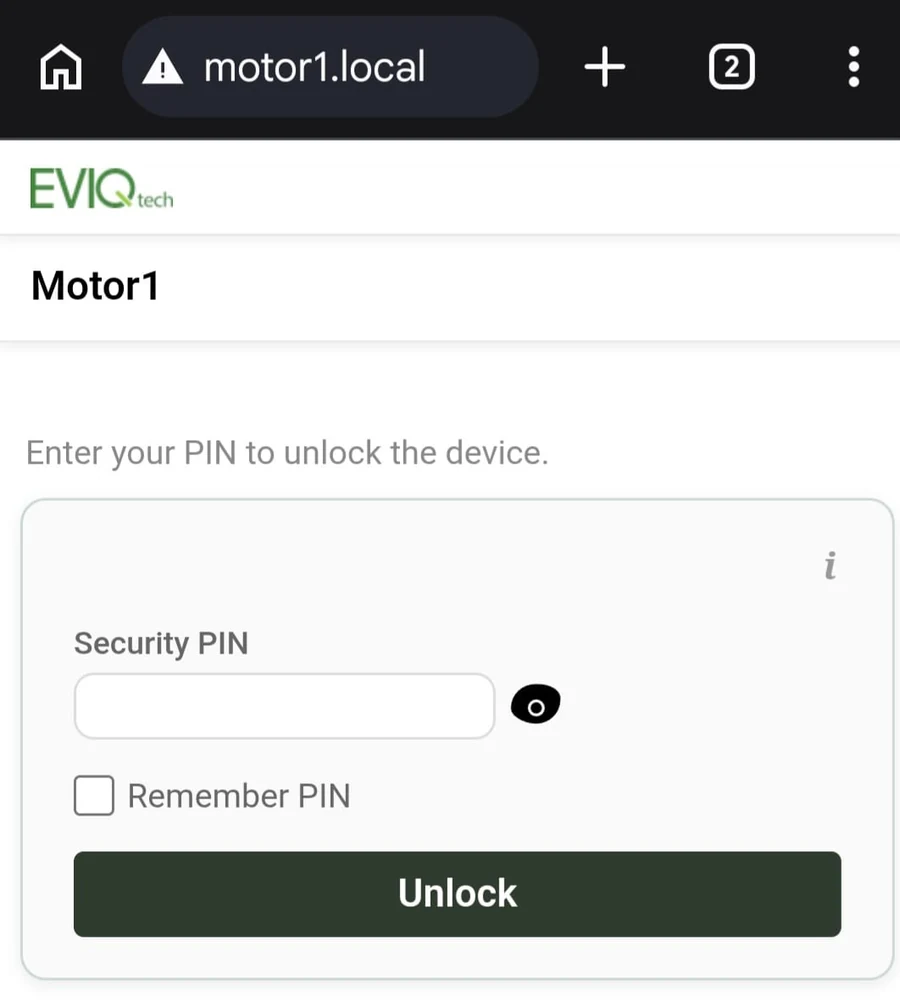 Login page at motor1.local asking for the Security PIN