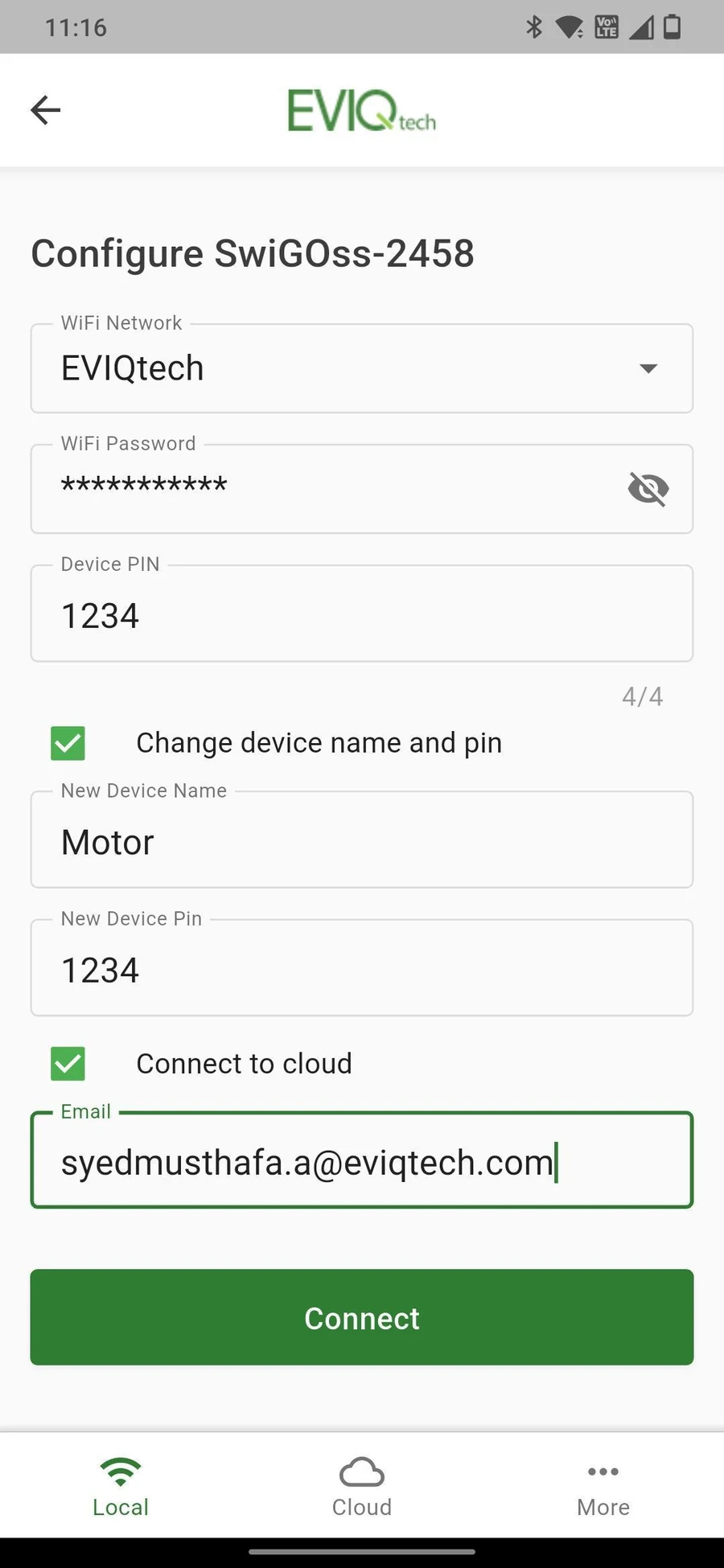 Configure page with Connect to cloud checked and email entered
