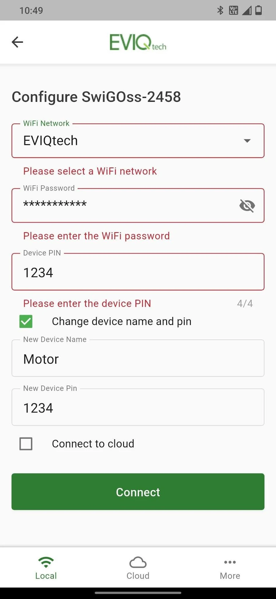 Configure device page with WiFi, PIN and device name