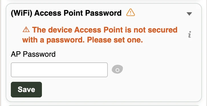 Access Point Password section warning that the device AP is not secured, with the AP Password field