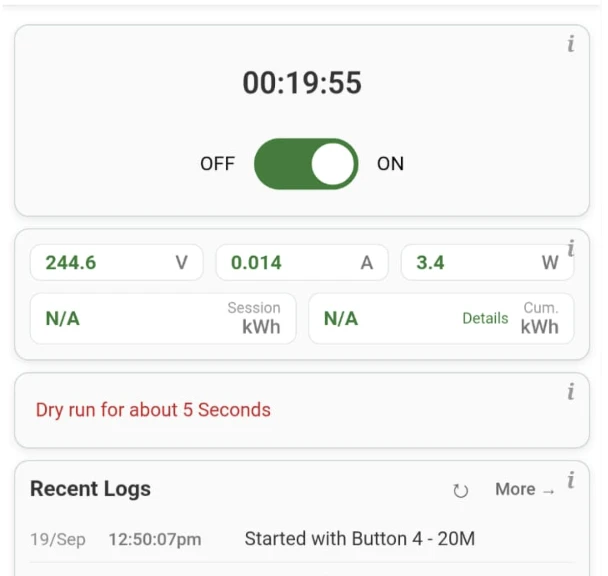 Home page while the motor is running, showing the red alert Dry run for about 5 Seconds