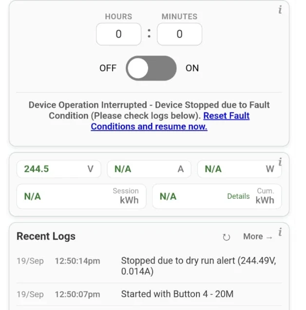 Home page after the dry-run trip, showing the stopped message, the Reset Fault Conditions link and the log entry