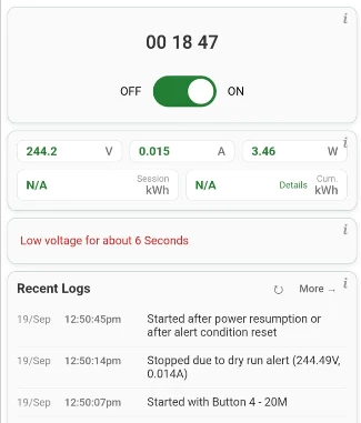 Home page with the motor running and the red alert Low voltage for about 6 Seconds