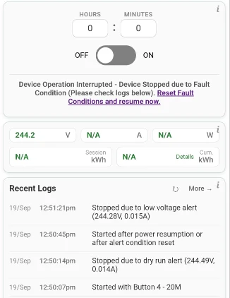 Home page after the supply recovered, offering the Reset Fault Conditions and resume now link