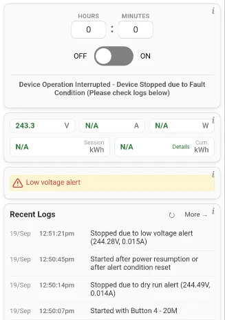 Home page after the trip with the motor OFF and a Low voltage alert banner still shown