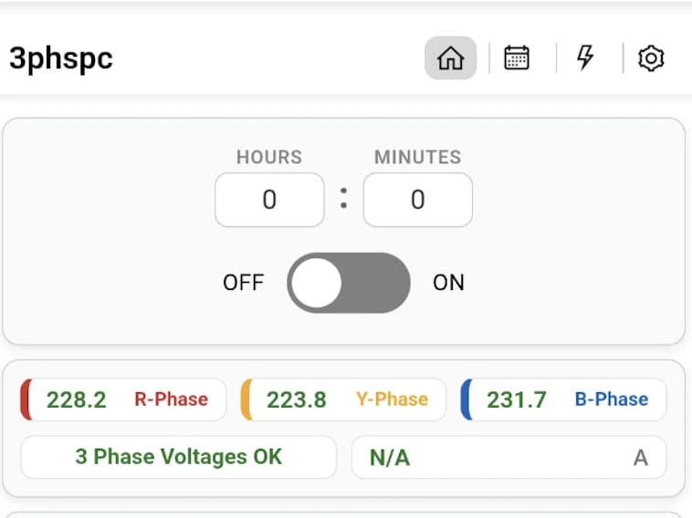 Home page of a three-phase device showing R, Y and B phase voltages with status 3 Phase Voltages OK