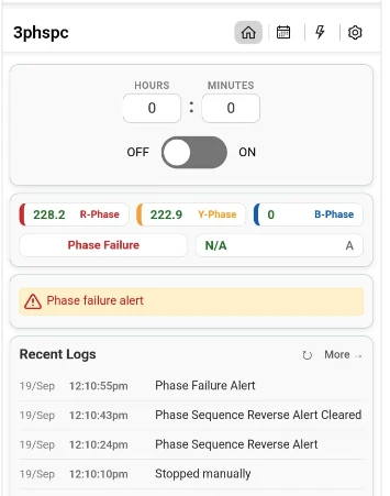 Home page showing B-phase at 0 volts, Phase Failure status and a phase failure alert