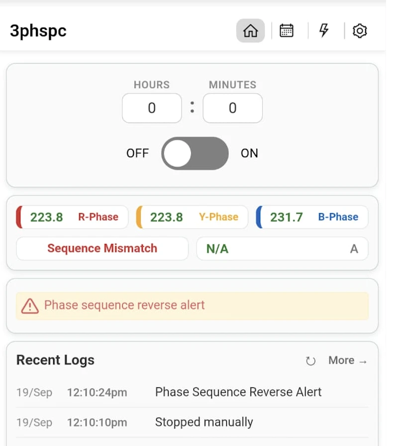 Home page showing Sequence Mismatch status and a phase sequence reverse alert