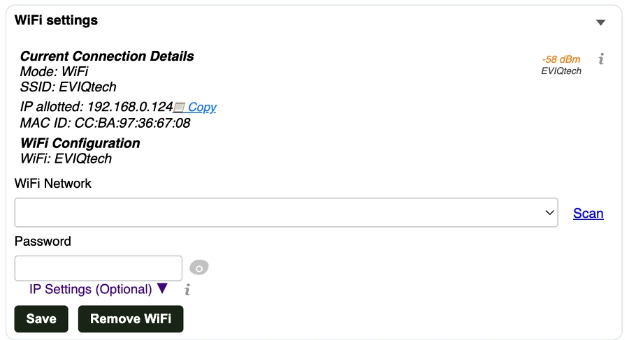 WiFi settings connected to EVIQtech at 192.168.0.124 with signal strength and a Remove WiFi button