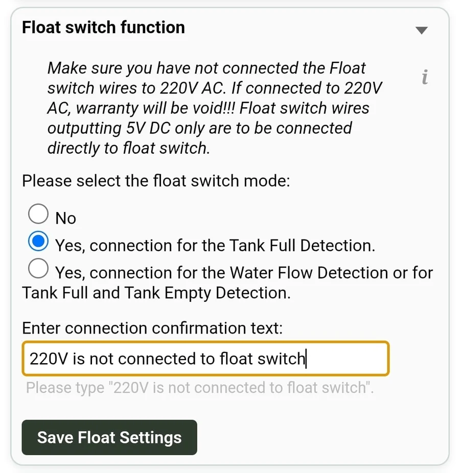 Float switch function set to Tank Full Detection with confirmation text