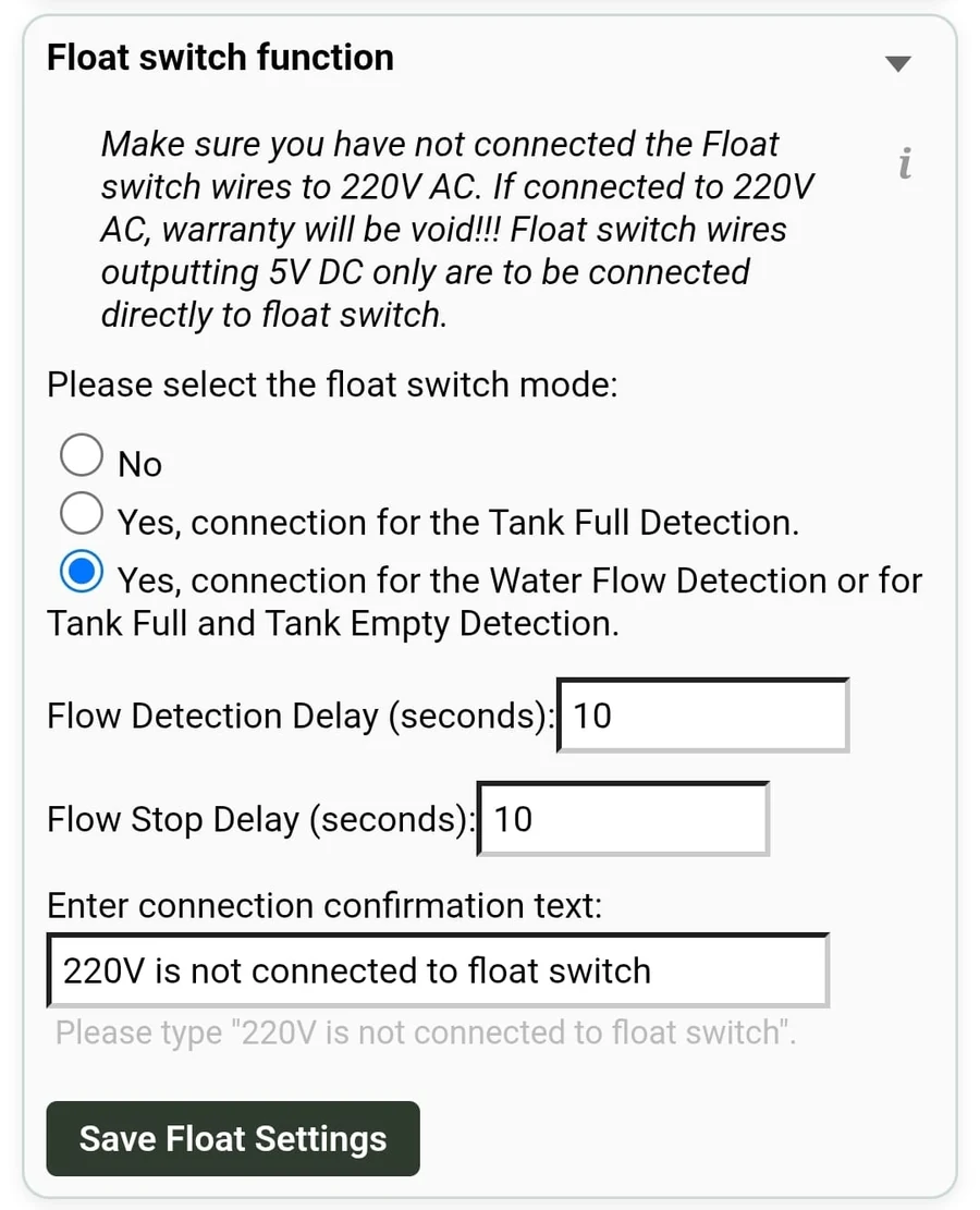 Float switch function set to Water Flow Detection with delay settings