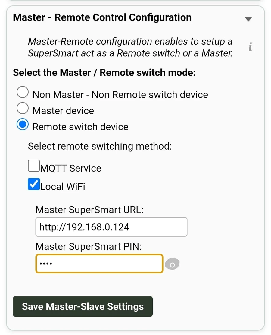 Remote switch device configured over Local WiFi with master URL and PIN