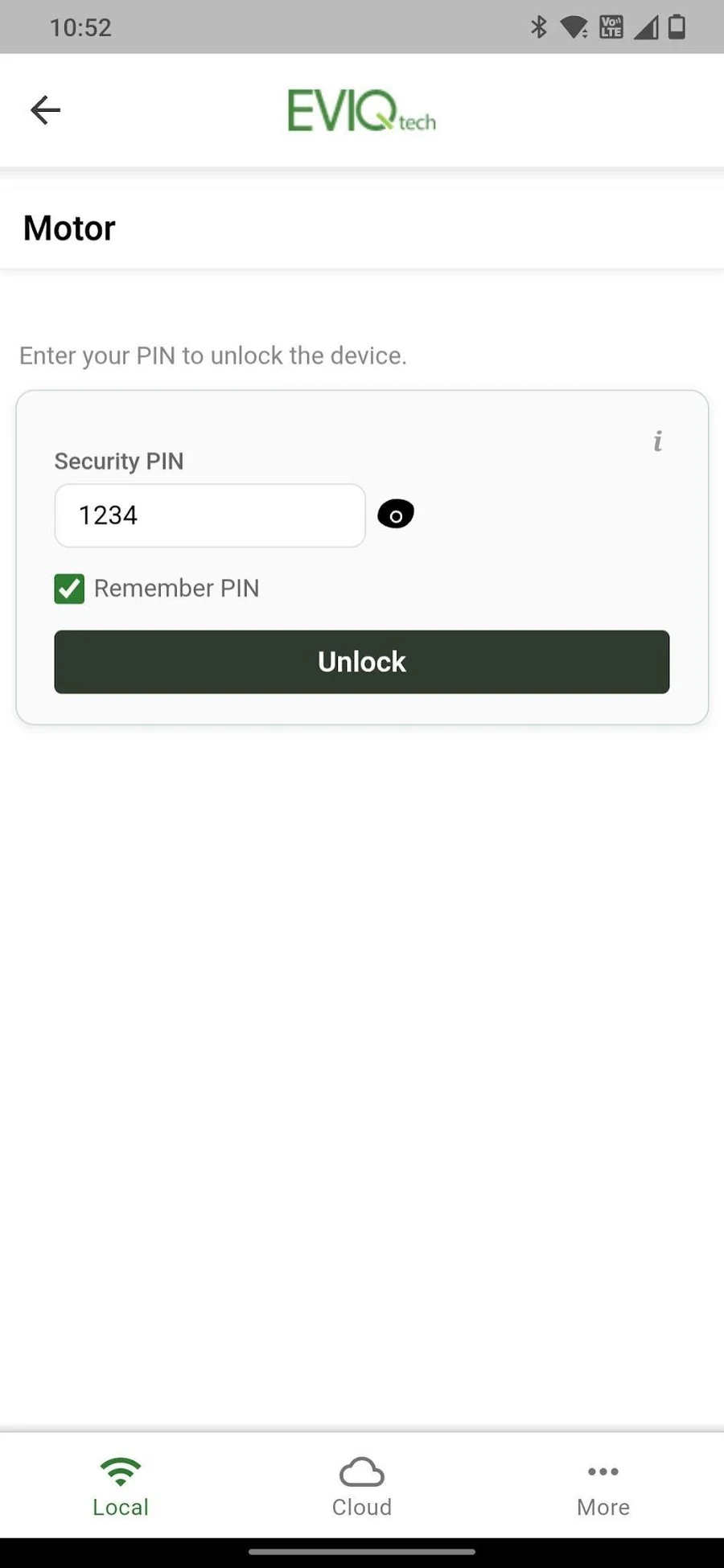 Login screen with Security PIN and Remember PIN