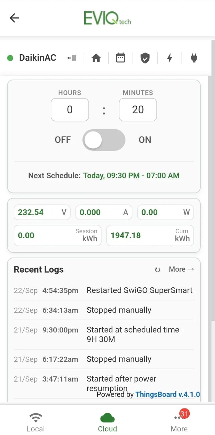 Cloud Home page showing timer, ON/OFF toggle, next schedule, live readings and recent logs