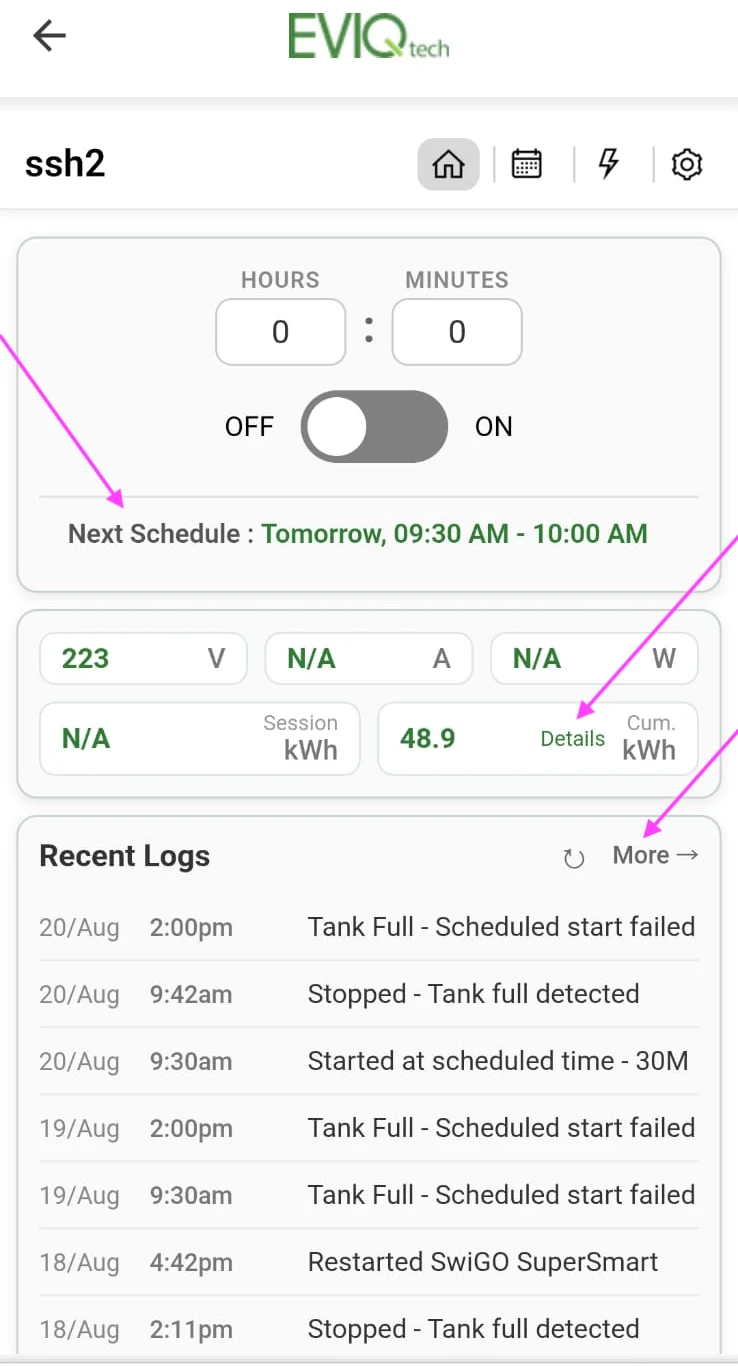 Local Home page with timer, readings, next schedule and recent logs