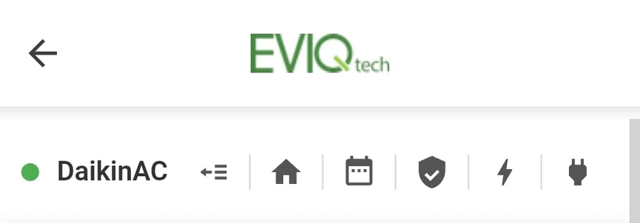 Cloud navigation bar: device name with status dot, device list, home, calendar, shield, lightning and plug icons