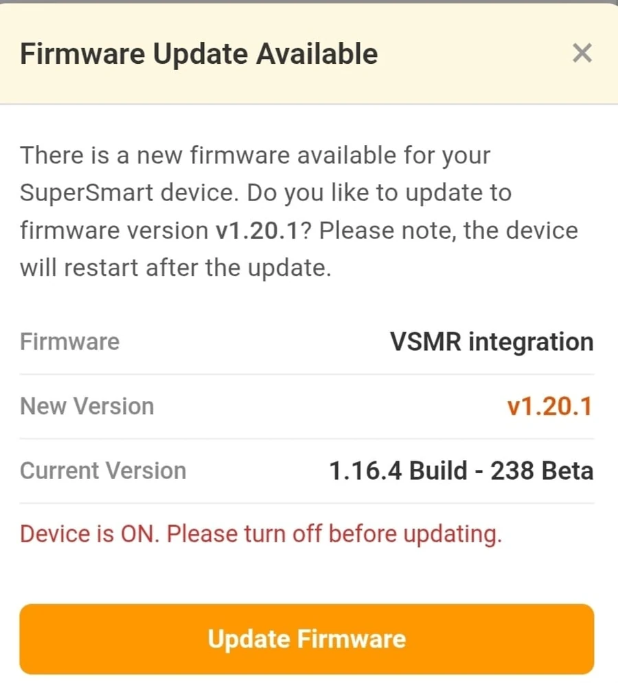Firmware Update Available dialog showing the new and current versions and the Update Firmware button