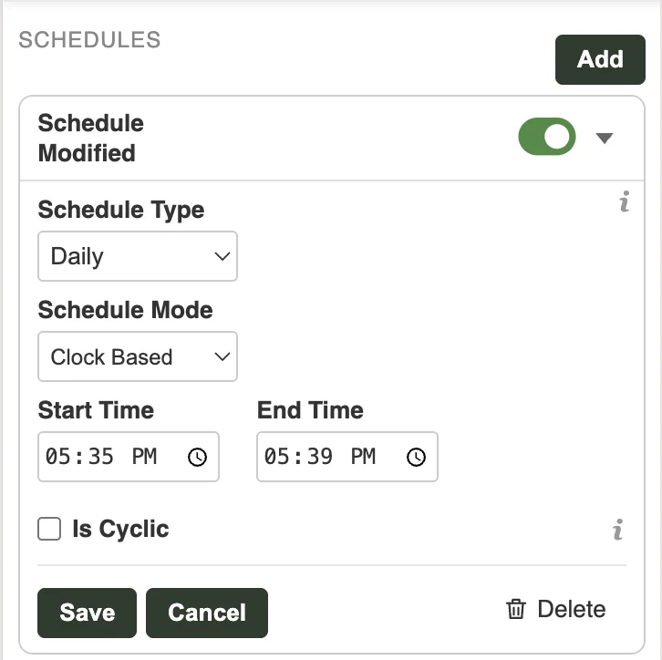 Daily clock based schedule from 5:35 PM to 5:39 PM