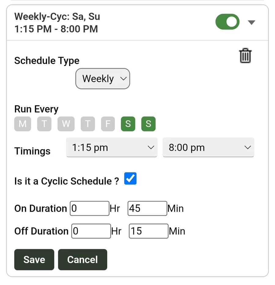 Weekly cyclic schedule on Saturday and Sunday