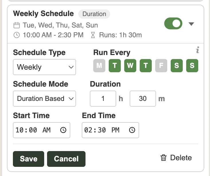 Weekly duration based schedule running 1h 30m between 10:00 AM and 2:30 PM
