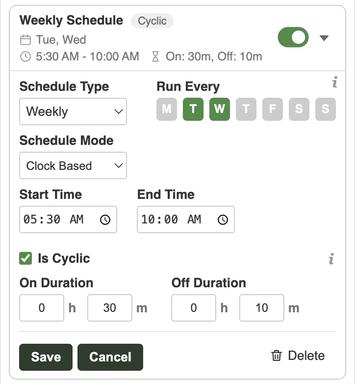 Weekly cyclic schedule on Tuesday and Wednesday, 30 min on and 10 min off