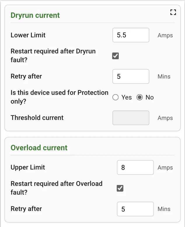 Dry-run current and overload current settings