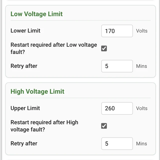 Low voltage and high voltage limit settings