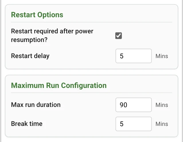 Restart options and maximum run configuration