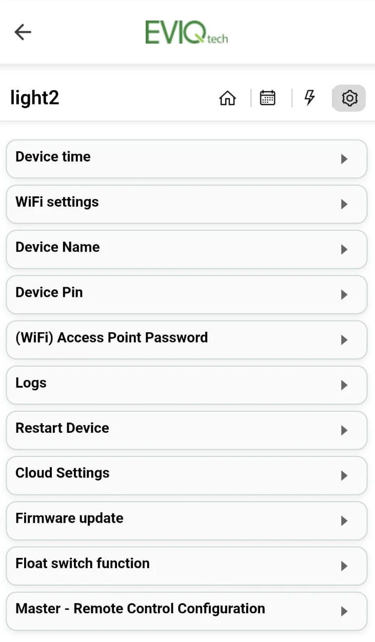 Settings page menu