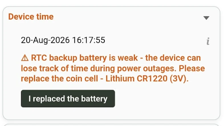 Device time section showing RTC backup battery weak warning