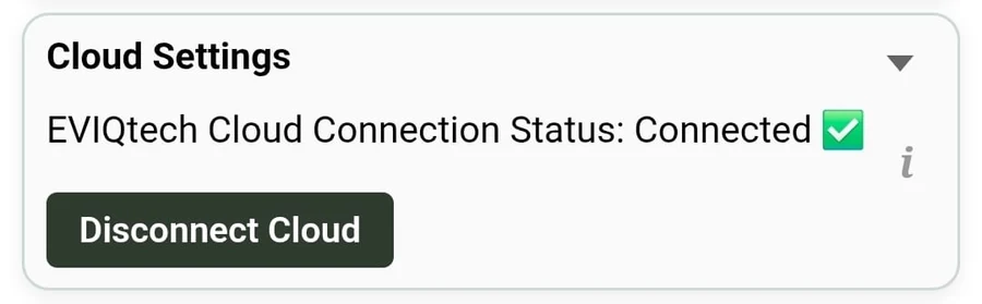 Cloud Settings showing connection status Connected