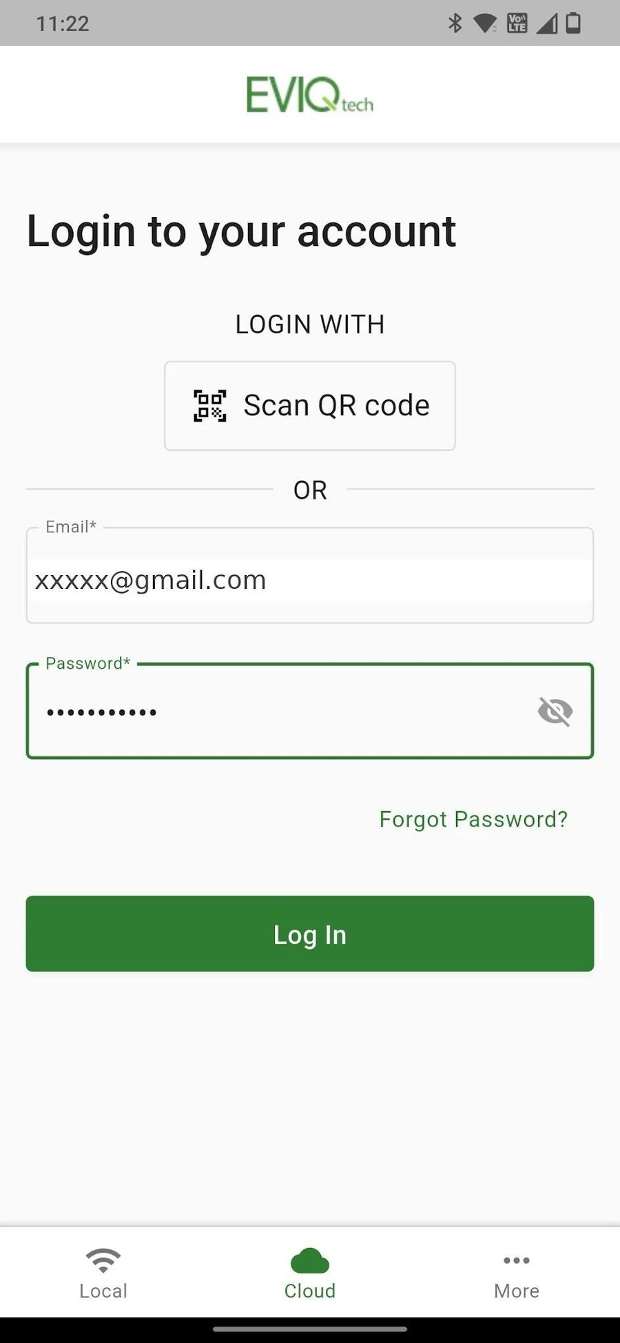Cloud login screen with email, password and QR code option