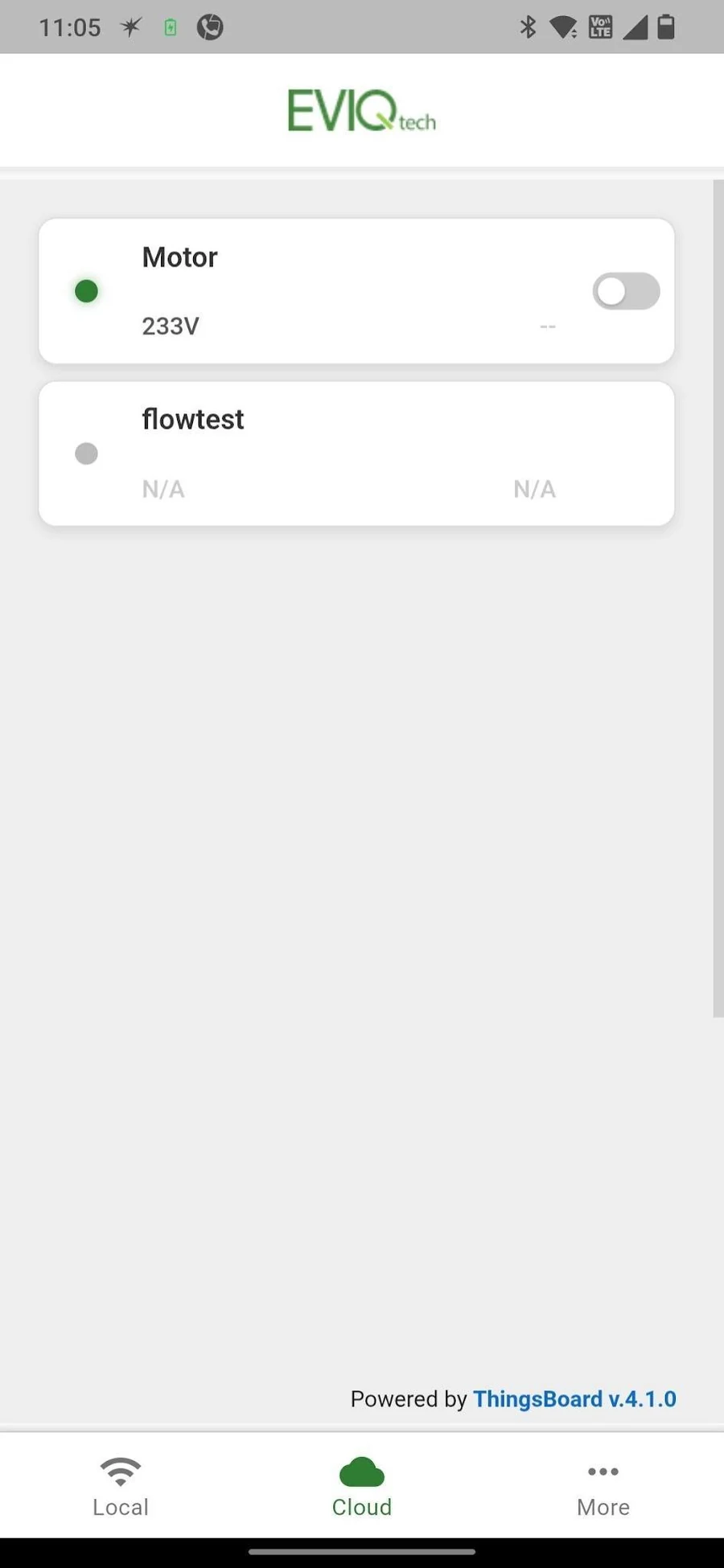 Cloud device list with Motor online and flowtest offline