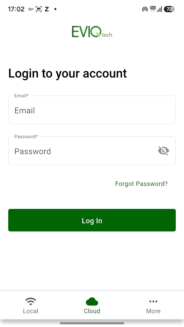 Cloud login screen
