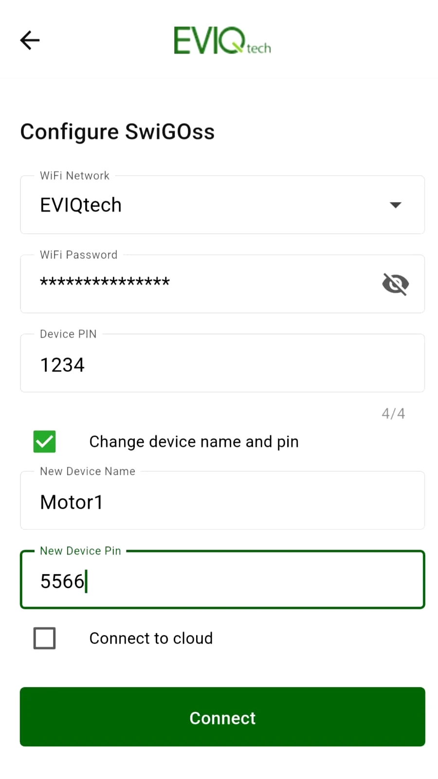 Configure page: WiFi, Device PIN, new name and PIN, Connect to cloud