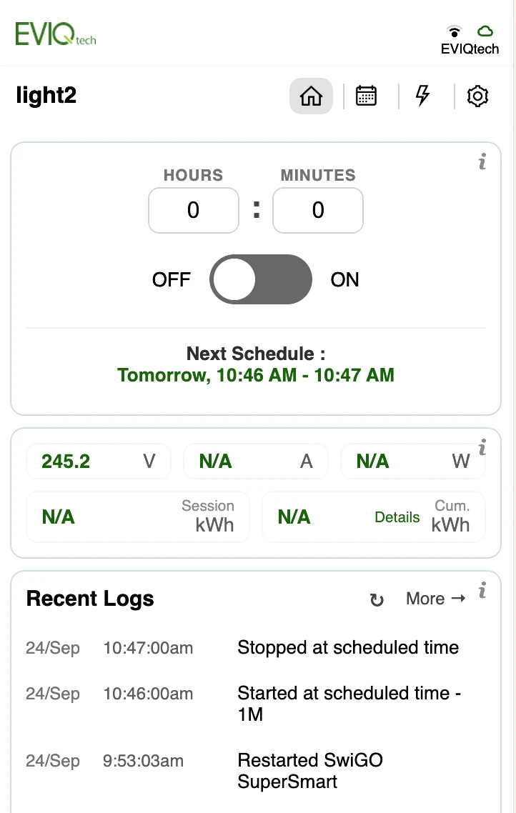 Device interface: timer, ON/OFF, next schedule, readings and recent logs