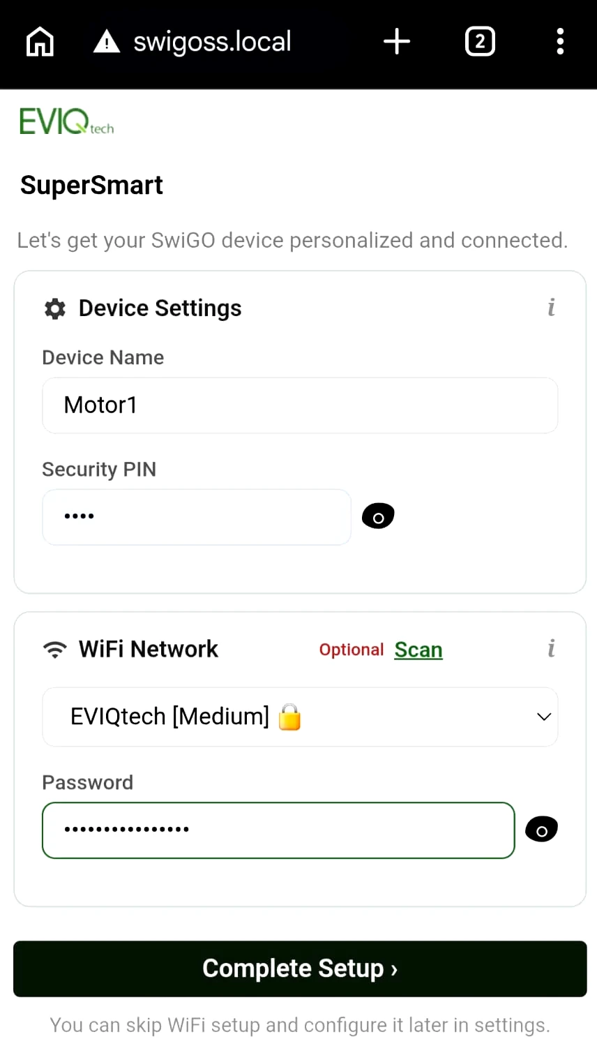 Initial Setup page with device name, PIN and WiFi