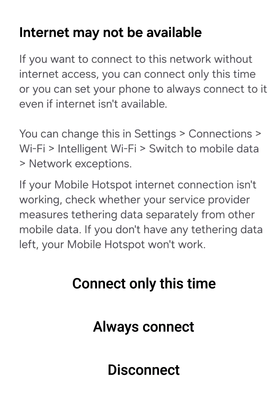 Internet may not be available prompt