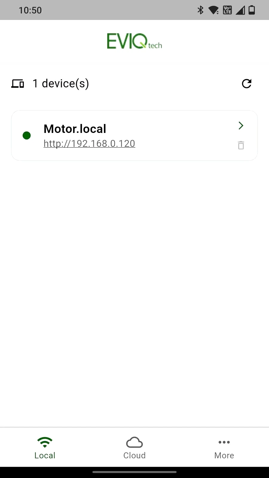 Local tab with the device listed