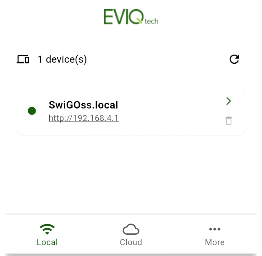 Local tab listing SwiGOss.local at 192.168.4.1