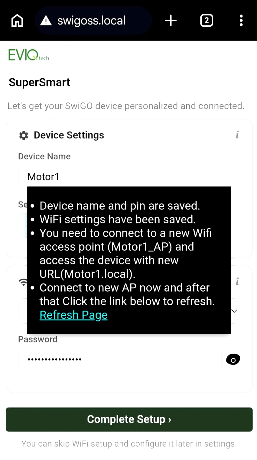 Setup saved confirmation with Refresh Page